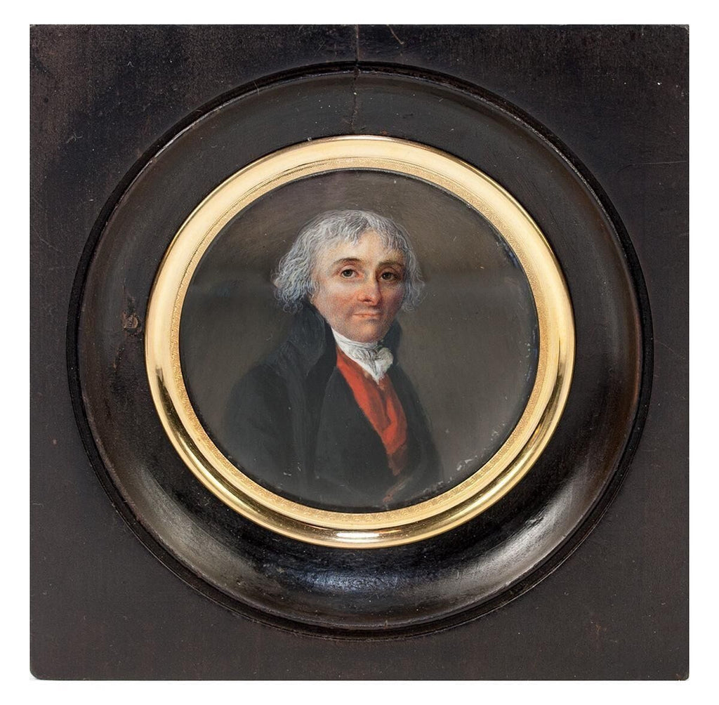 Antique French Portrait Miniature, Gentleman in Red Vest, Revolutionary War
