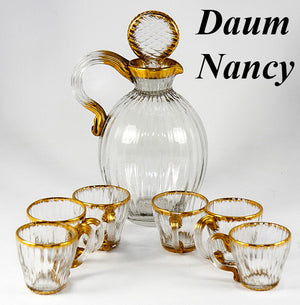 Antique DAUM NANCY French Gilt Trimmed Liqueur Decanter Set, 6 Cordials, Signed