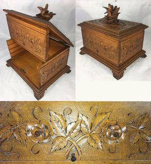 Antique Black Forest Carved 9.25" Cigar Chest, Box, Caddy, Lovebirds & Nest