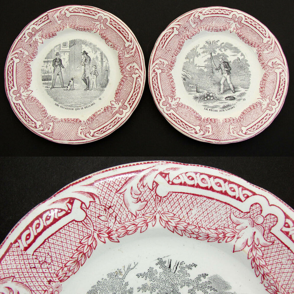 Charming Antique French St Amand et Hamage 2pc Cabinet Plate Set, Figural Scenes