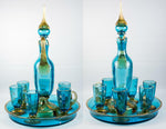 19th c Antique French Liqueur Service Set, Decanter, Tray, 6 Cups with Enamel