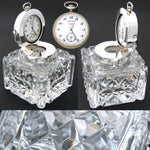 Antique Brilliant Cut Crystal & Sterling Silver 3.5" Inkwell, Pocket Watch Displ