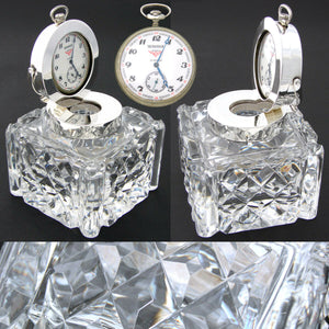 Antique Brilliant Cut Crystal & Sterling Silver 3.5" Inkwell, Pocket Watch Displ