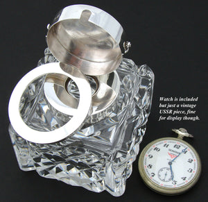 Antique Brilliant Cut Crystal & Sterling Silver 3.5" Inkwell, Pocket Watch Displ