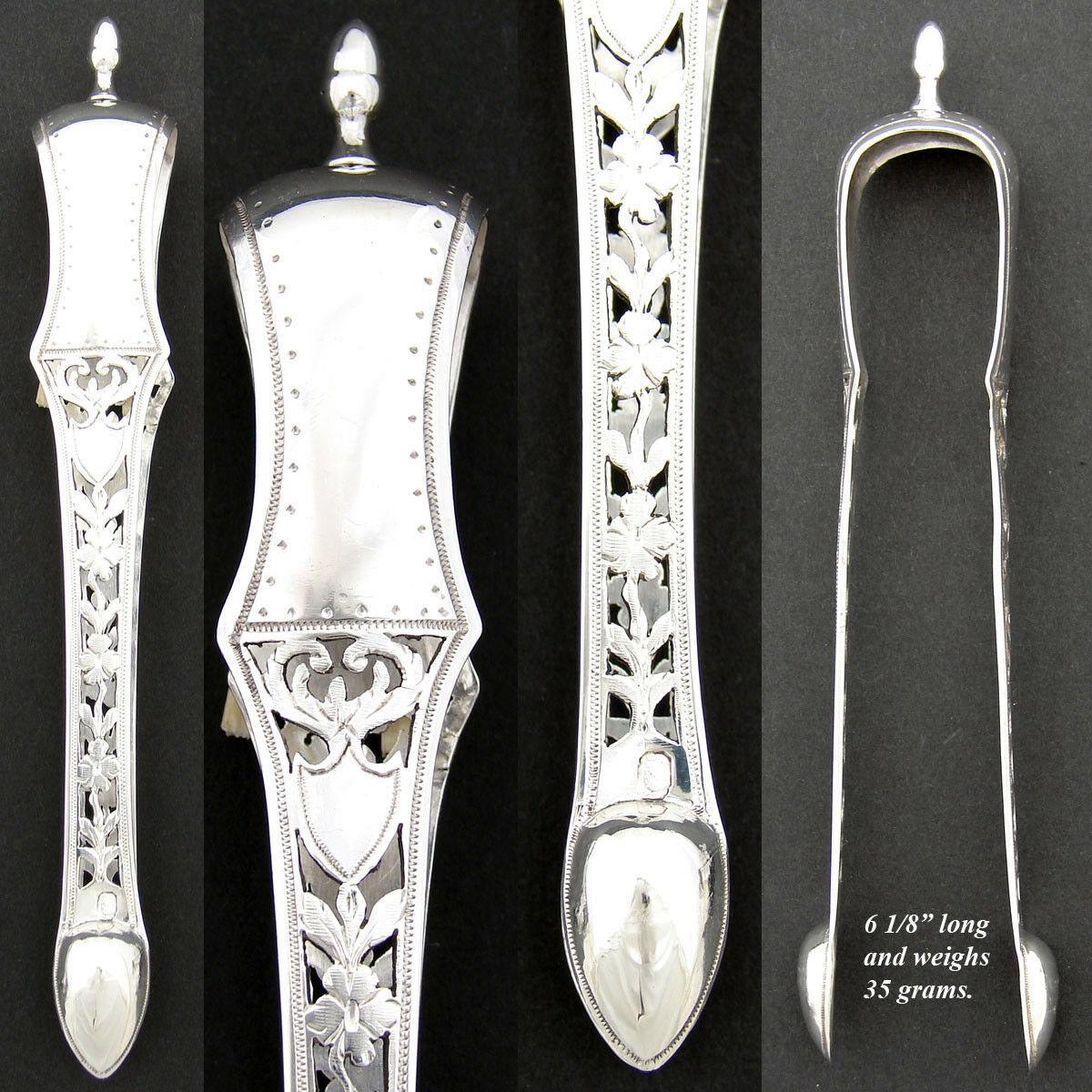 Antique French Sterling Silver Sugar Tongs, Pierced Flowers & Foliage, 1819-1838