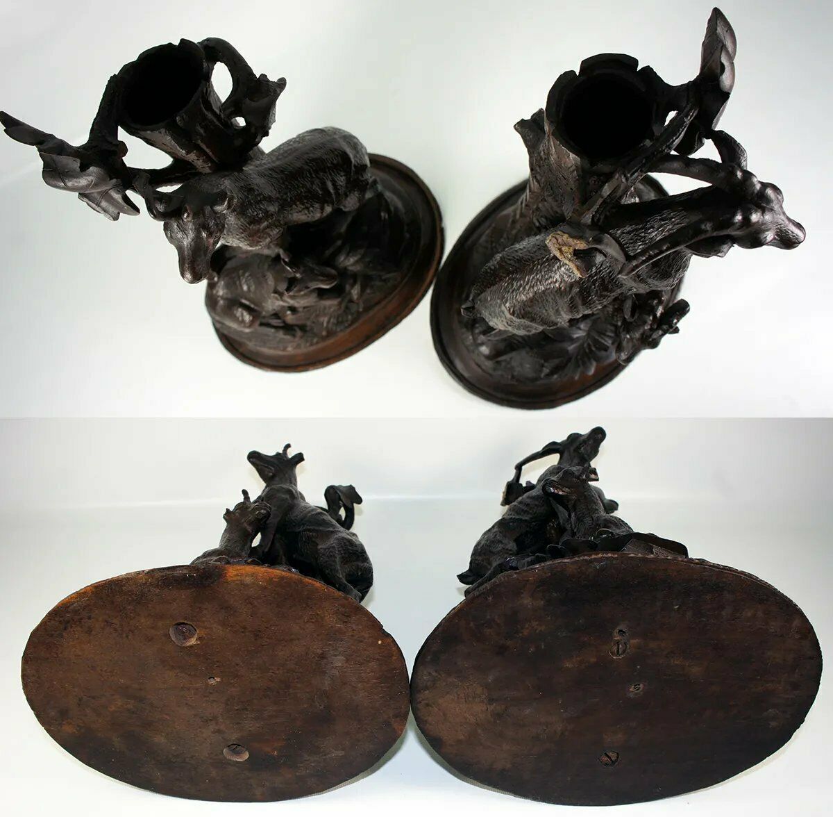 Antique Pair (2) HC Black Forest Candle Holders, Animalier, Fruits of the Hunt