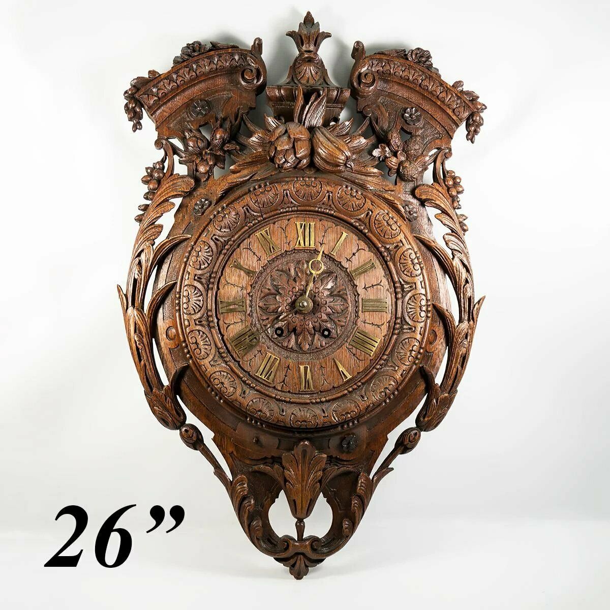 Superb Antique HC Wood French Wall Clock, 26" x 17", Pendulum, Fruit & Acanthus
