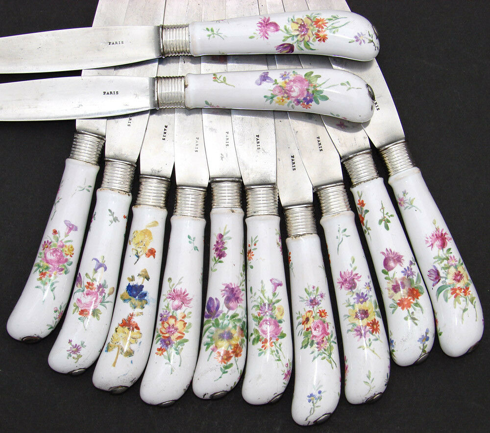 Antique French Palais Royal Marked 12pc 8" Table Knife Set, HP Porcelain Handles