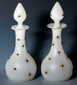 PAIR Antique French Jeweled Opaline Glass 8" Tall Decanters, Scent Bottles
