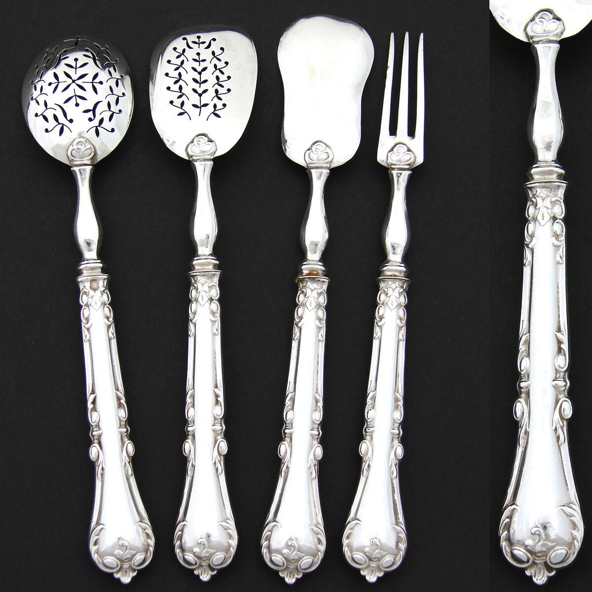 Elegant Antique French Sterling Silver 4pc Hors d'Oeuvre Implement Set, Acanthus