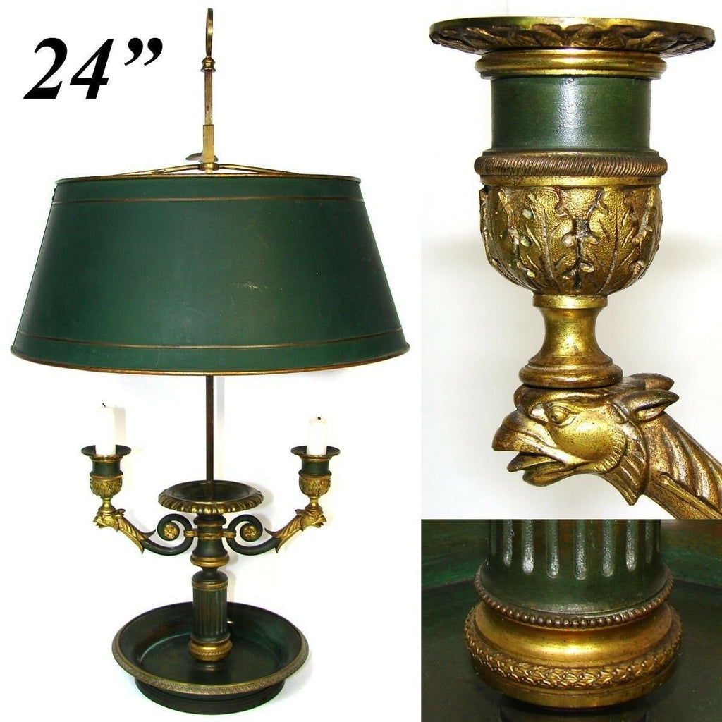 Antique French Bouillotte Candle Lamp, 2nd Empire Period 3-Branch, Tole Shade