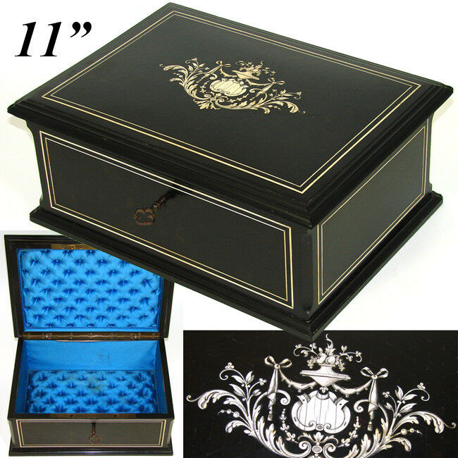 Elegant Antique French 11" Jewelry or Desk Box, Ebony Marquetry & Ornate Ivory Inlay