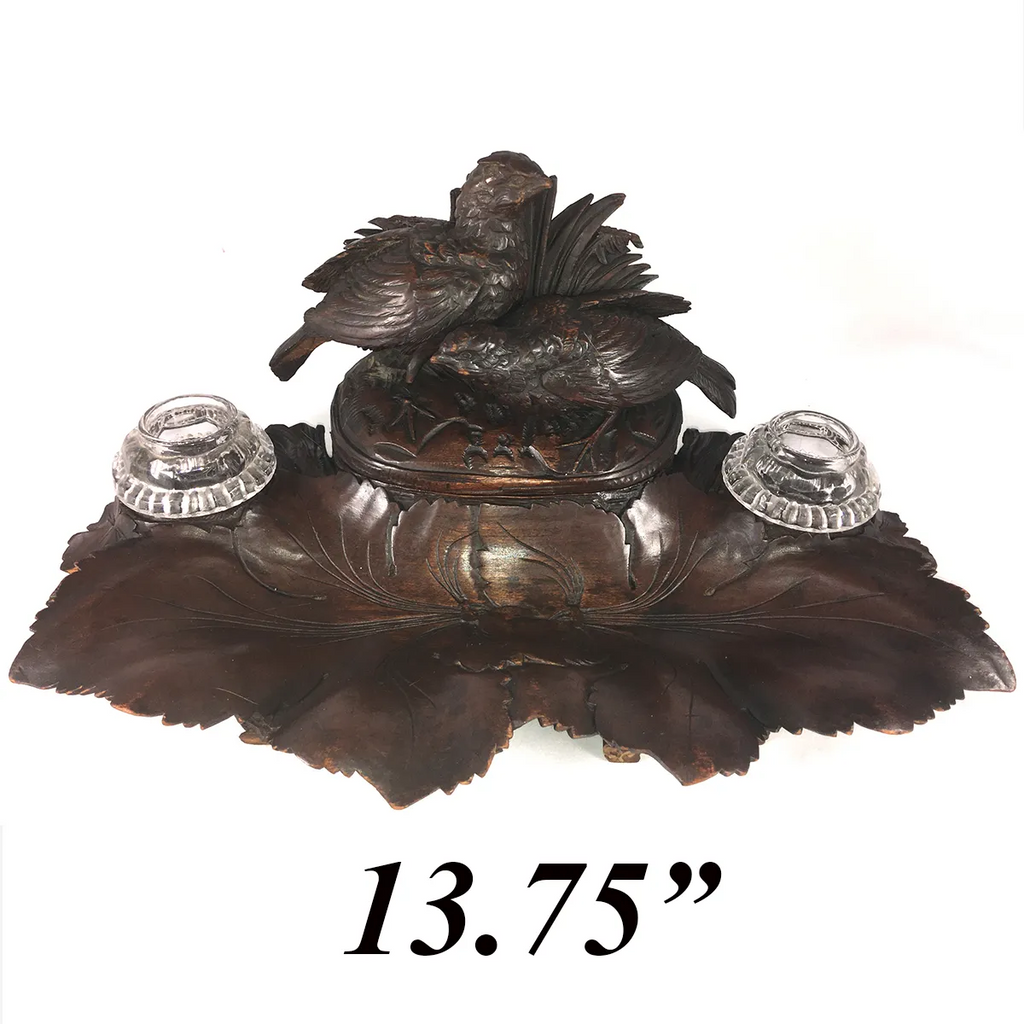 Antique Black Forest Carved Double Inkwell, Desk Stand, Box, 13.5" with 2 Birds