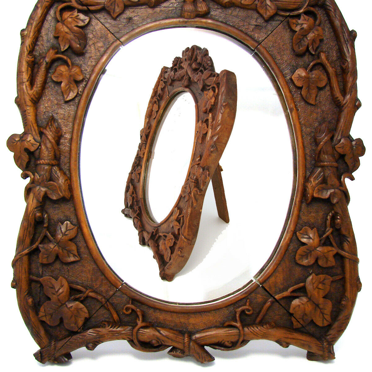 Antique Black Forest Style 12” Vanity or Boudoir Mirror, Ornate Foliage, Signed