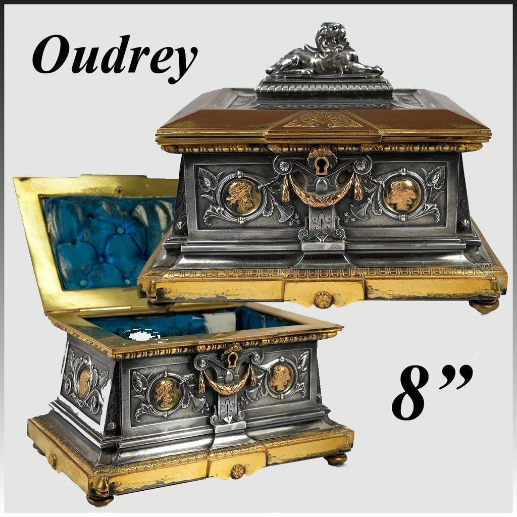 19th c. French Bronze Jewelry Box, 8" Casket, Foundry & Sculptor Léopold OUDRY