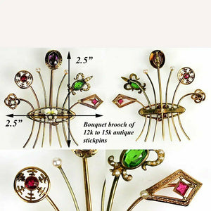 Antique Victorian Stick Pin Bouquet, Brooch, 12k to 15k Gold, Pearl, Ruby ++
