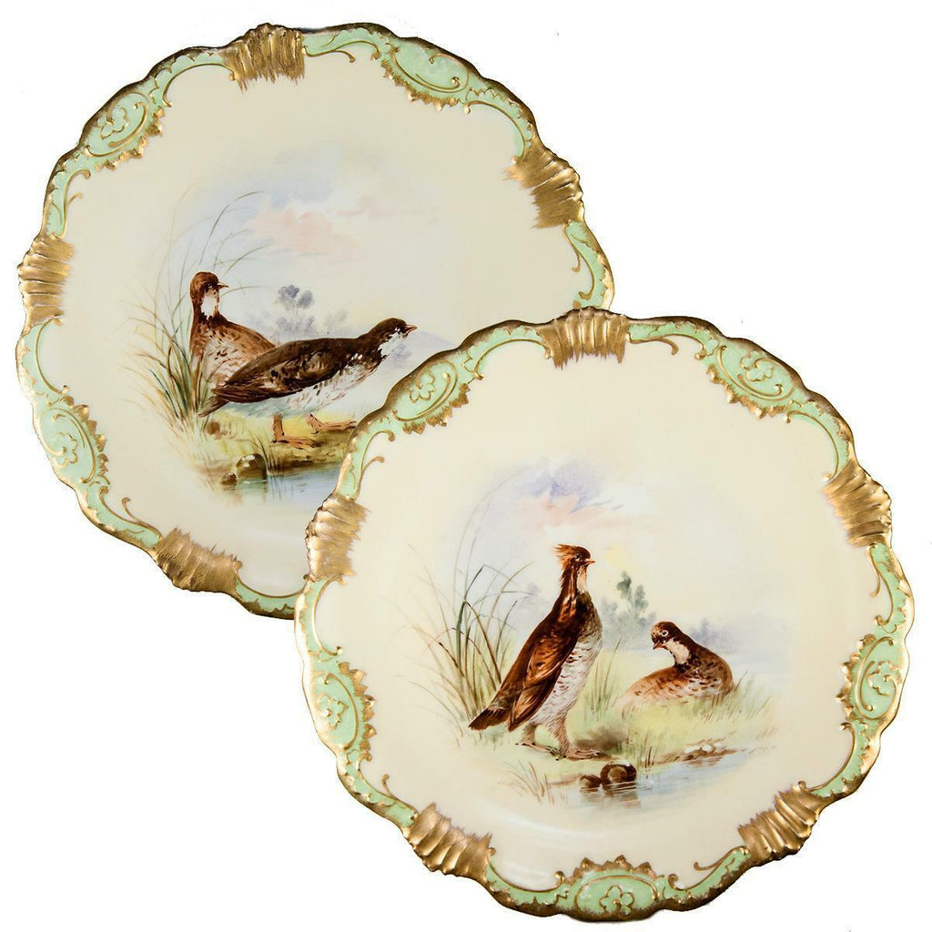 PAIR Antique Hand Painted LIMOGES Cabinet Plates, Game Hens, Raised Gold Enamel