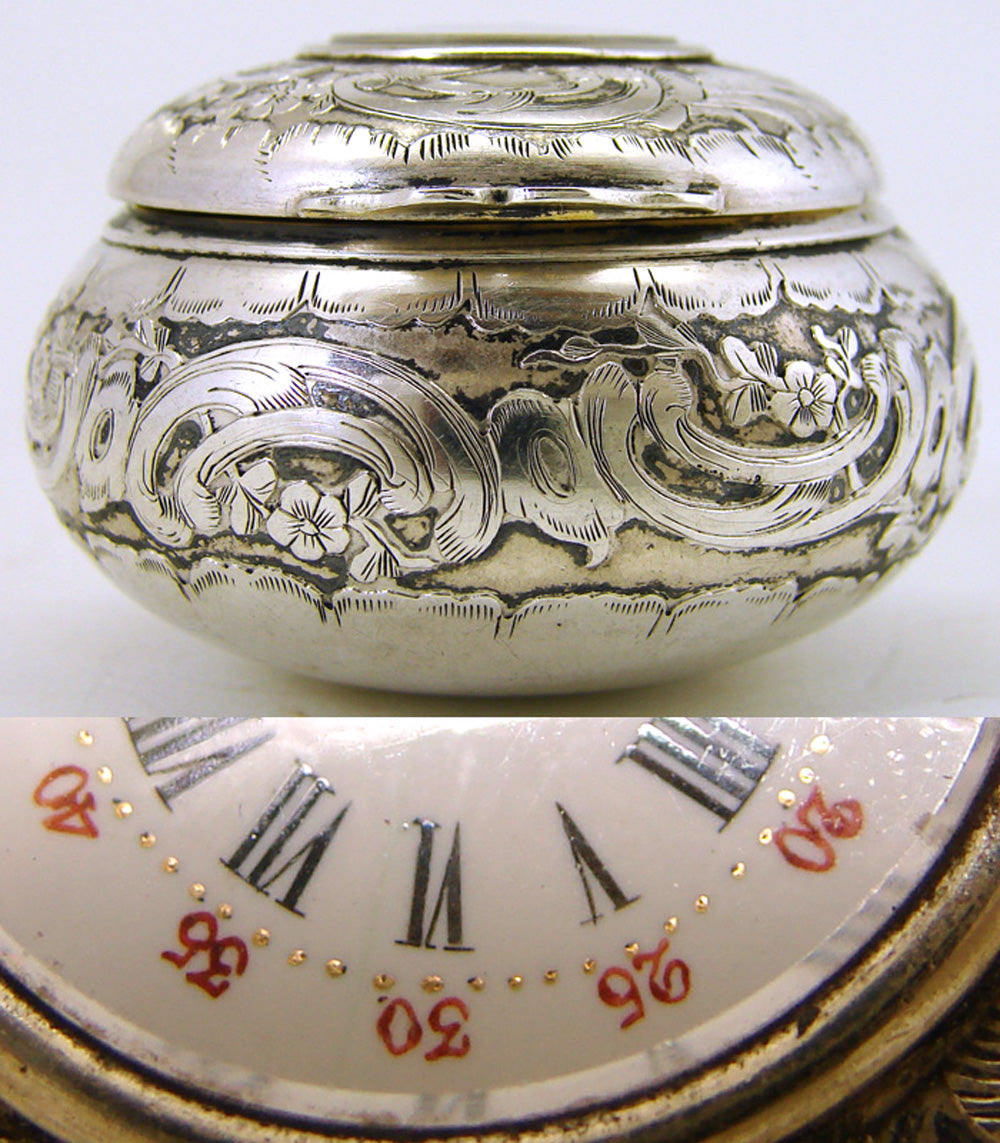 Charming Antique French Hallmarked Silver Patch Box, Clock or Watch with Enamel Dial
