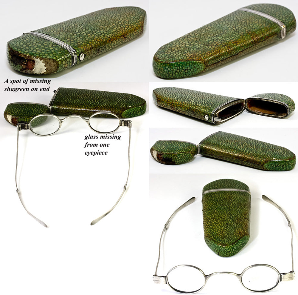 RARE Antique Georgian English Sterling Silver Spectacles in Fine Shagreen Case, Etui, Necessaire