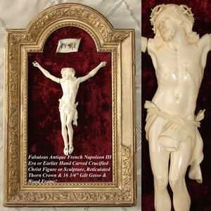 Antique French Dieppe Carved Christ Figure or Sculpture, Gilt Gesso & Wood 17" Frame