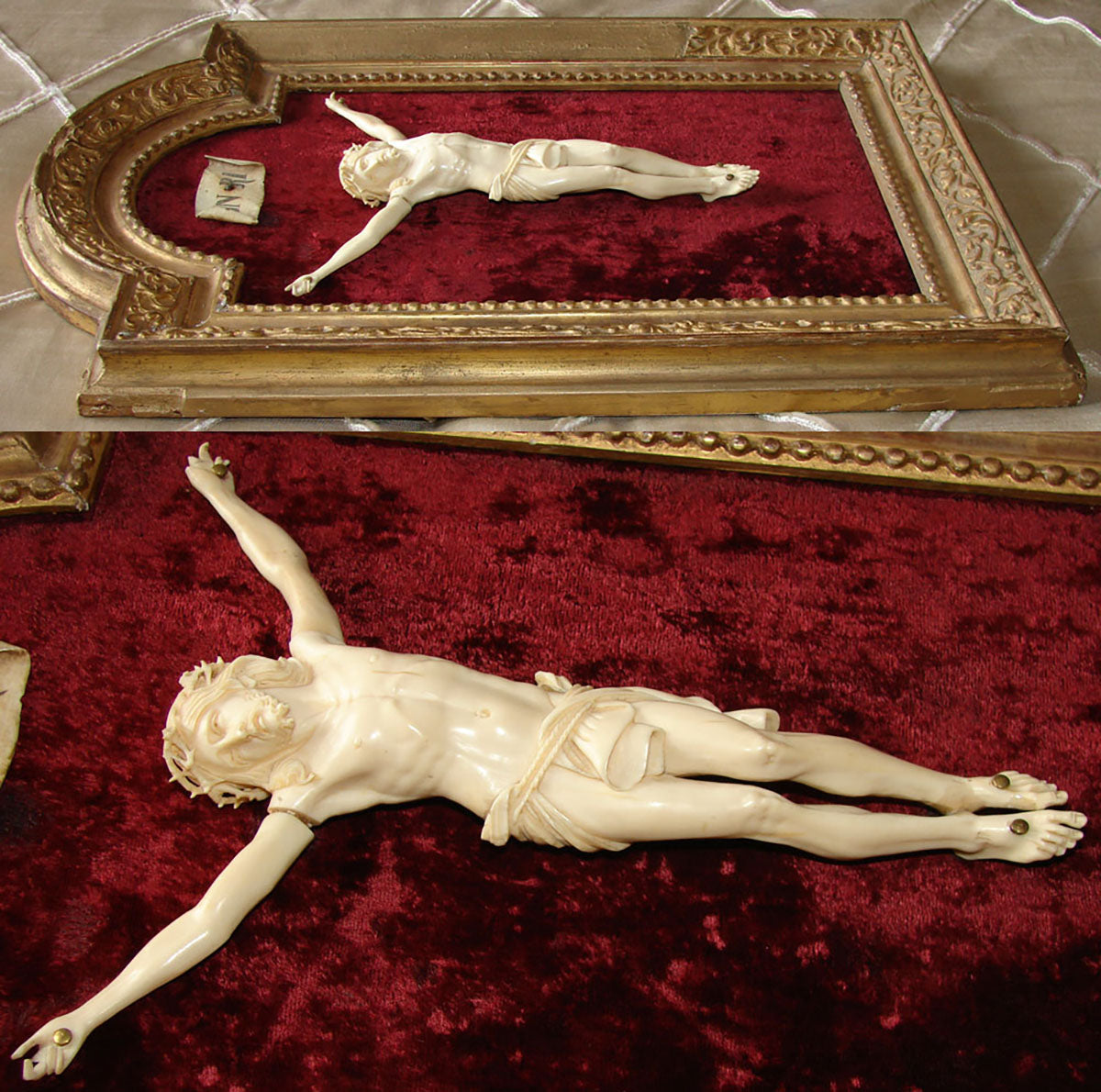 Antique French Dieppe Carved Christ Figure or Sculpture, Gilt Gesso & Wood 17" Frame