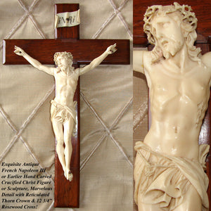 Antique French Dieppe Carved 8" Christ Figure or Sculpture, Displayed on a 13" Rosewood Cross