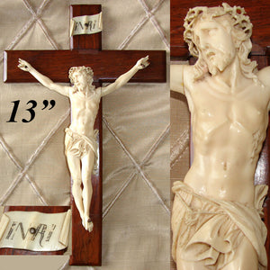 Antique French Dieppe Carved 8" Christ Figure or Sculpture, Displayed on a 13" Rosewood Cross