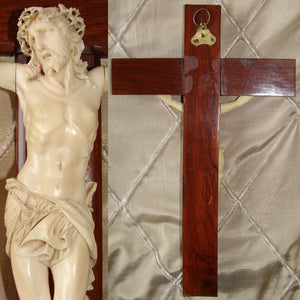 Antique French Dieppe Carved 8" Christ Figure or Sculpture, Displayed on a 13" Rosewood Cross