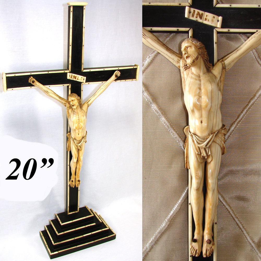 Rare Antique Dieppe Carved Christ Figure, Sculpture, Altar Style 20.5" Cross