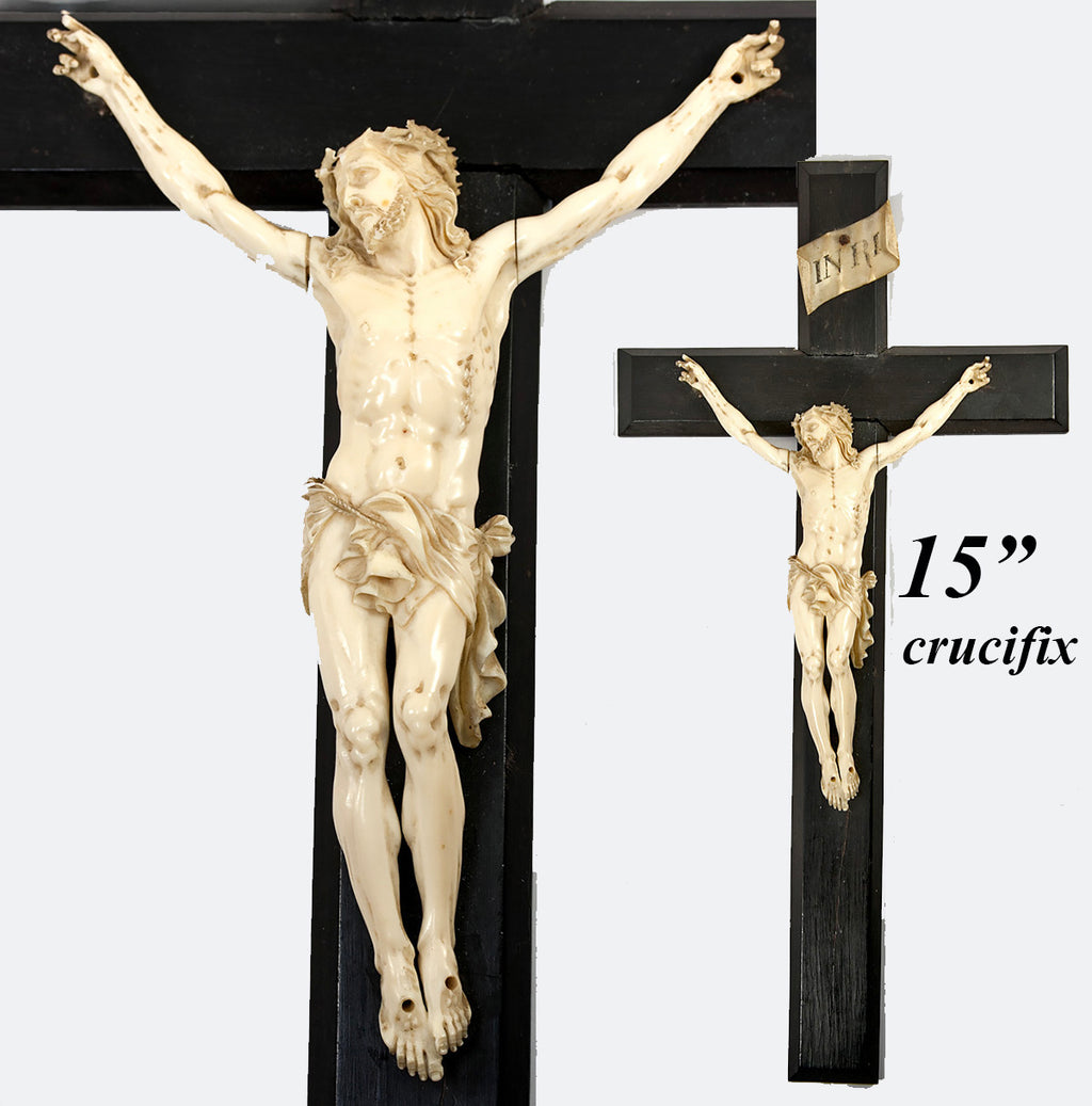 Antique 18th Century Hand Carved Ivory Christ Figure on Ebonized Wood Alter or Personal Cross, Crucifix