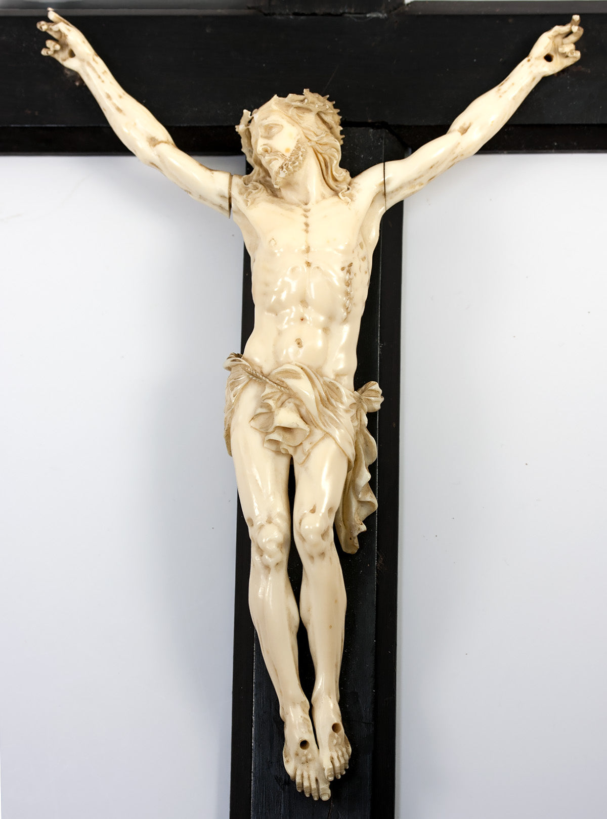 Antique 18th Century Hand Carved Ivory Christ Figure on Ebonized Wood Alter or Personal Cross, Crucifix