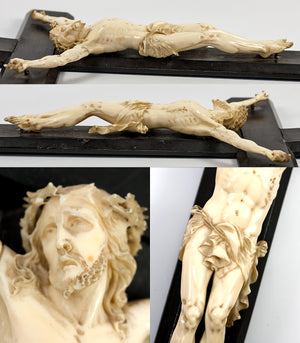 Antique 18th Century Hand Carved Ivory Christ Figure on Ebonized Wood Alter or Personal Cross, Crucifix