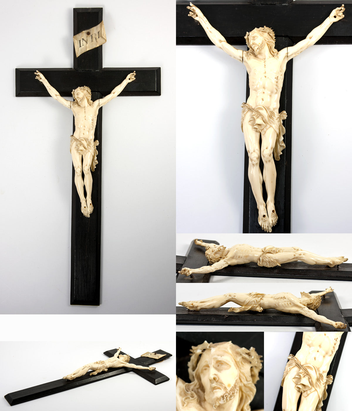 Antique 18th Century Hand Carved Ivory Christ Figure on Ebonized Wood Alter or Personal Cross, Crucifix