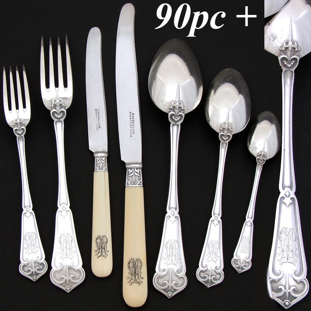 Exq Antique French Sterling Silver 90pc+ Flatware Set, Gothic Pattern, in Chest, Knives bring total set to 126pc Soufflot