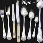 Exq Antique French Sterling Silver 90pc+ Flatware Set, Gothic Pattern, in Chest, Knives bring total set to 126pc Soufflot