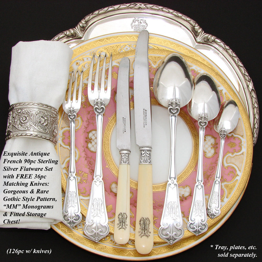 Exq Antique French Sterling Silver 90pc+ Flatware Set, Gothic Pattern, in Chest, Knives bring total set to 126pc Soufflot