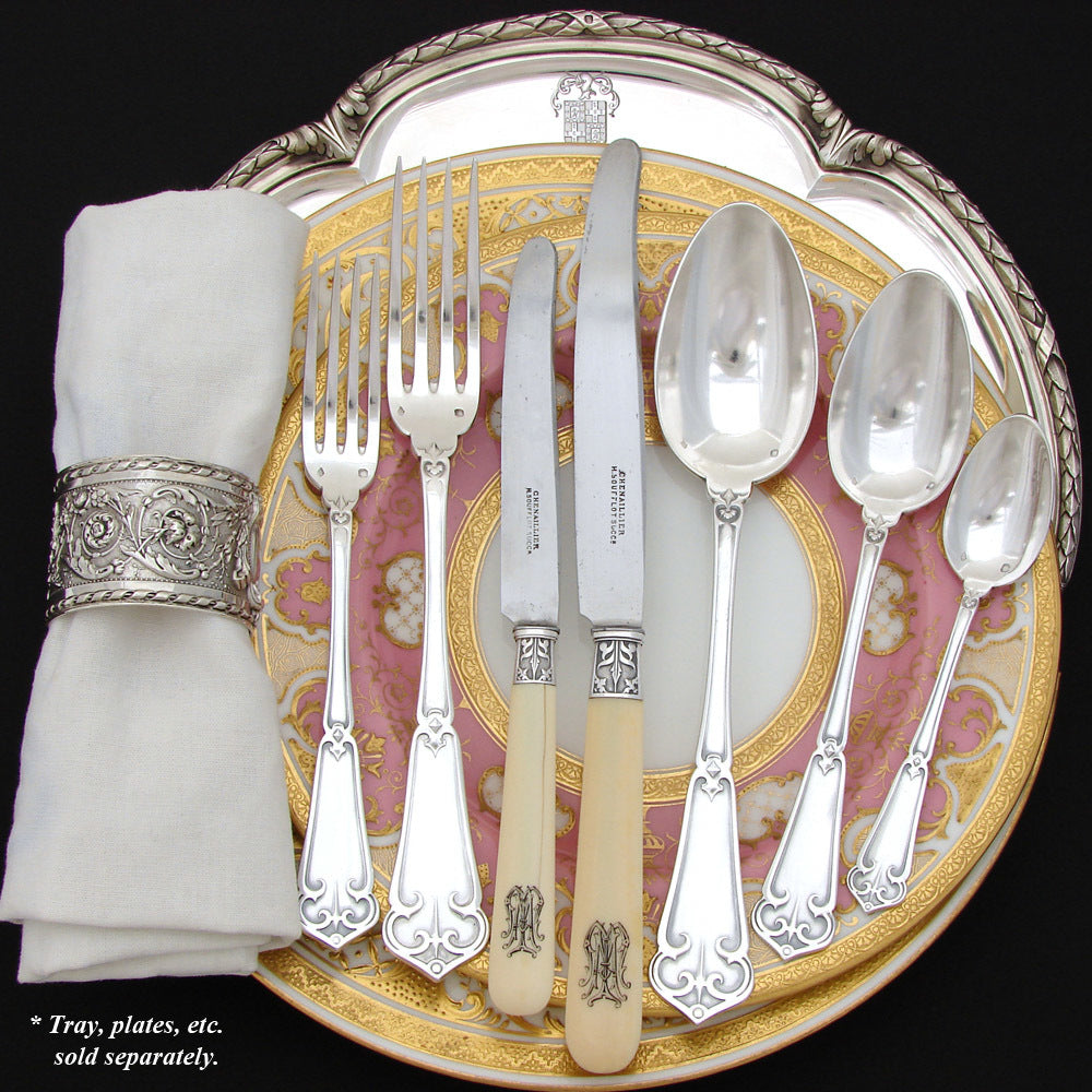 Exq Antique French Sterling Silver 90pc+ Flatware Set, Gothic Pattern, in Chest, Knives bring total set to 126pc Soufflot