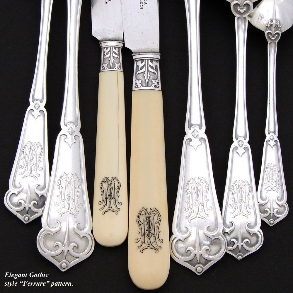 Exq Antique French Sterling Silver 90pc+ Flatware Set, Gothic Pattern, in Chest, Knives bring total set to 126pc Soufflot