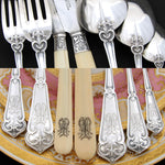 Exq Antique French Sterling Silver 90pc+ Flatware Set, Gothic Pattern, in Chest, Knives bring total set to 126pc Soufflot