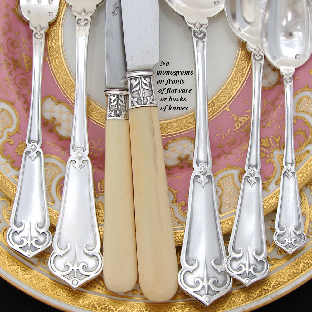 Exq Antique French Sterling Silver 90pc+ Flatware Set, Gothic Pattern, in Chest, Knives bring total set to 126pc Soufflot