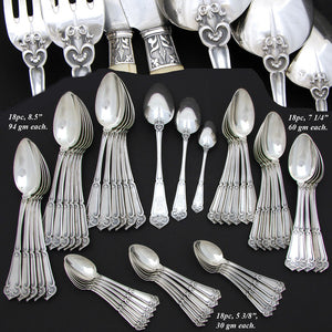 Exq Antique French Sterling Silver 90pc+ Flatware Set, Gothic Pattern, in Chest, Knives bring total set to 126pc Soufflot