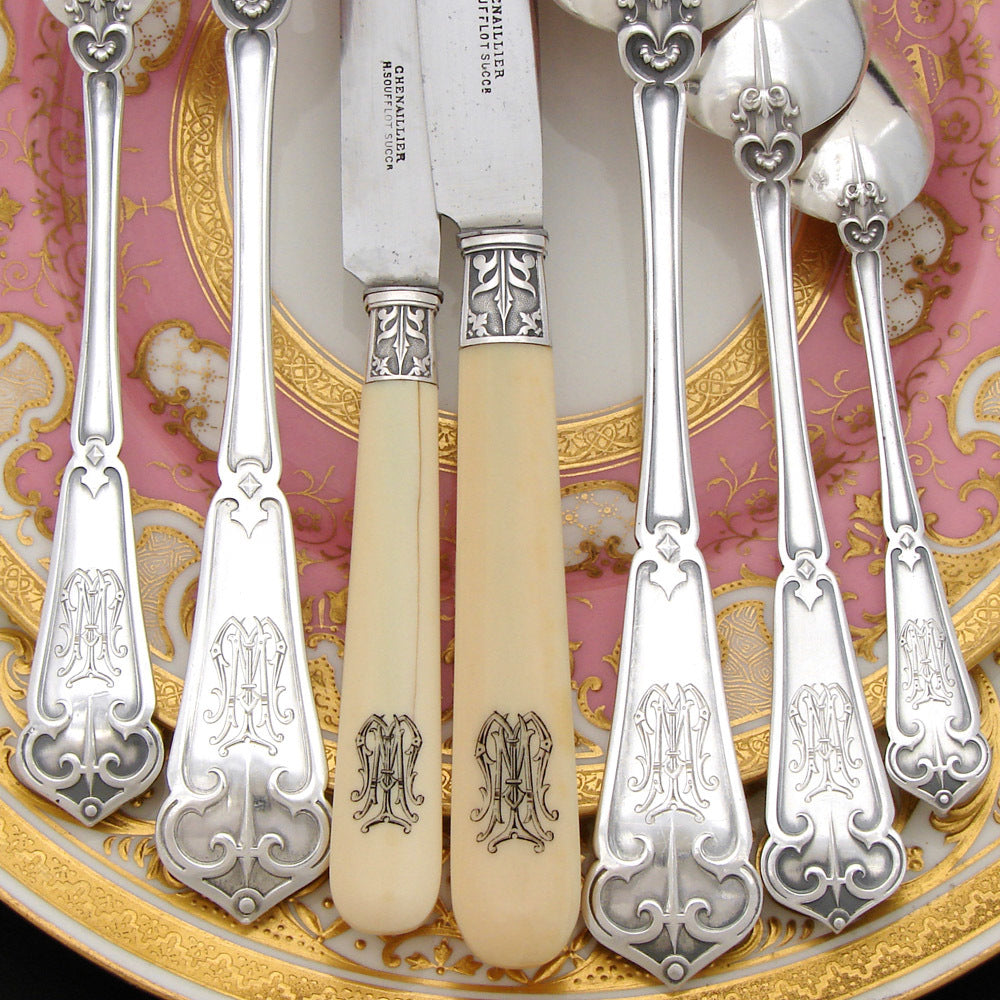 Exq Antique French Sterling Silver 90pc+ Flatware Set, Gothic Pattern, in Chest, Knives bring total set to 126pc Soufflot