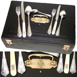 Exq Antique French Sterling Silver 90pc+ Flatware Set, Gothic Pattern, in Chest, Knives bring total set to 126pc Soufflot