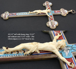 Antique Micro Mosaic 10" Tall Crucifix, Roman Ruins, Dove, c.1880s, Carved Christ on Cross, Micromosaic