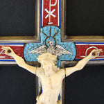 Antique Micro Mosaic 10" Tall Crucifix, Roman Ruins, Dove, c.1880s, Carved Christ on Cross, Micromosaic