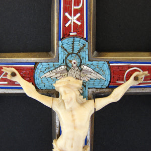 Antique Micro Mosaic 10" Tall Crucifix, Roman Ruins, Dove, c.1880s, Carved Christ on Cross, Micromosaic