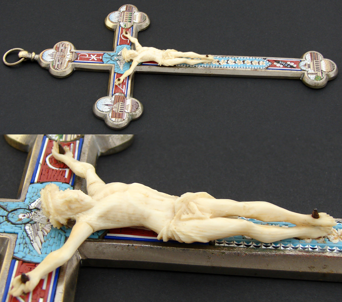 Antique Micro Mosaic 10" Tall Crucifix, Roman Ruins, Dove, c.1880s, Carved Christ on Cross, Micromosaic