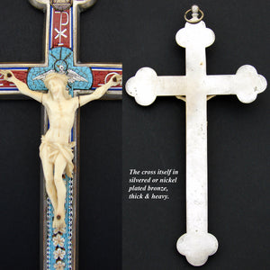 Antique Micro Mosaic 10" Tall Crucifix, Roman Ruins, Dove, c.1880s, Carved Christ on Cross, Micromosaic