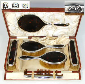 Superb Antique Tortoise Shell and Sterling Silver Vanity Set, Boxed! Crown, Maker's Marks, Hallmarks - Tortoiseshell