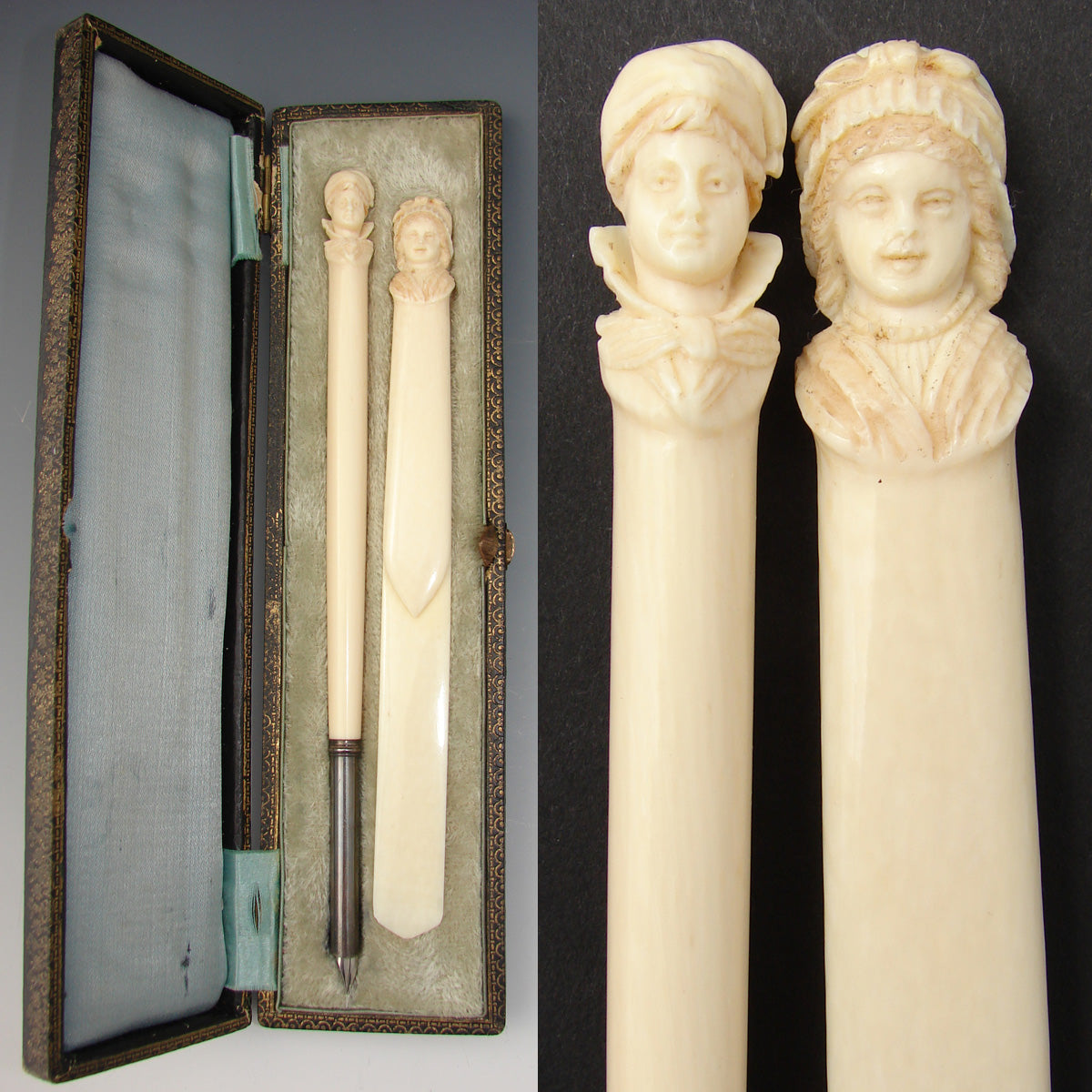 Antique French Dieppe Carved Ivory 2pc Writer's Set, Pen & Page Marker, Brittany Figural Busts